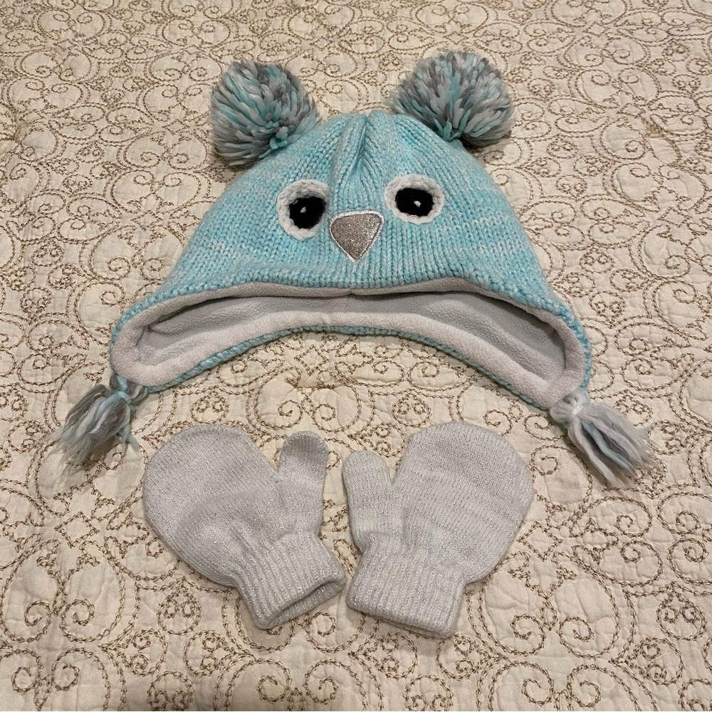 The Children’s Place Kids Blue Animal Knit Hat and Mittens Set Size Small 12-24m